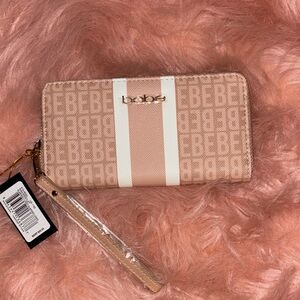 Bebe Beige and Cream Logo Wristlet